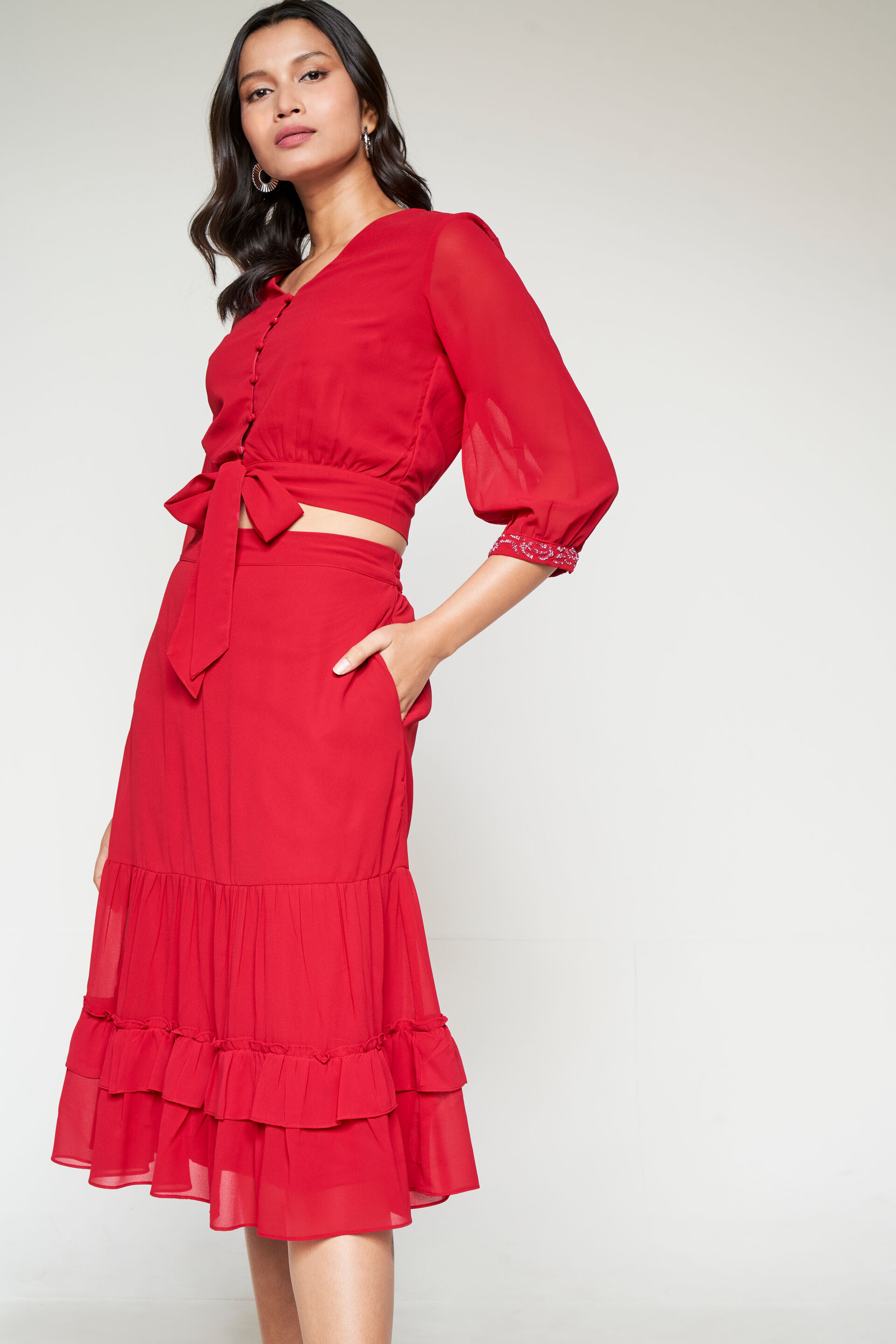 Red Crop Top-Skirt Set, Red, image 3